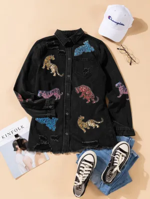 Black Denim Jacket with Rhinestone Tigers