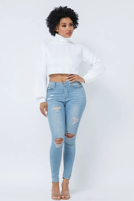 CHEVRON TURTLENECK SWEATER- CREAM