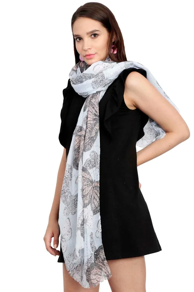 FabSeasons Blue Viscose Butterfly Printed Soft & Stylish Scarf