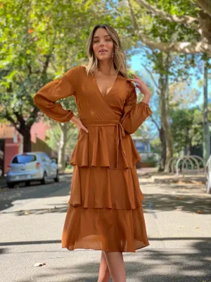 LA0211-8TB Camel Tiered Satin Dress - (Pack)