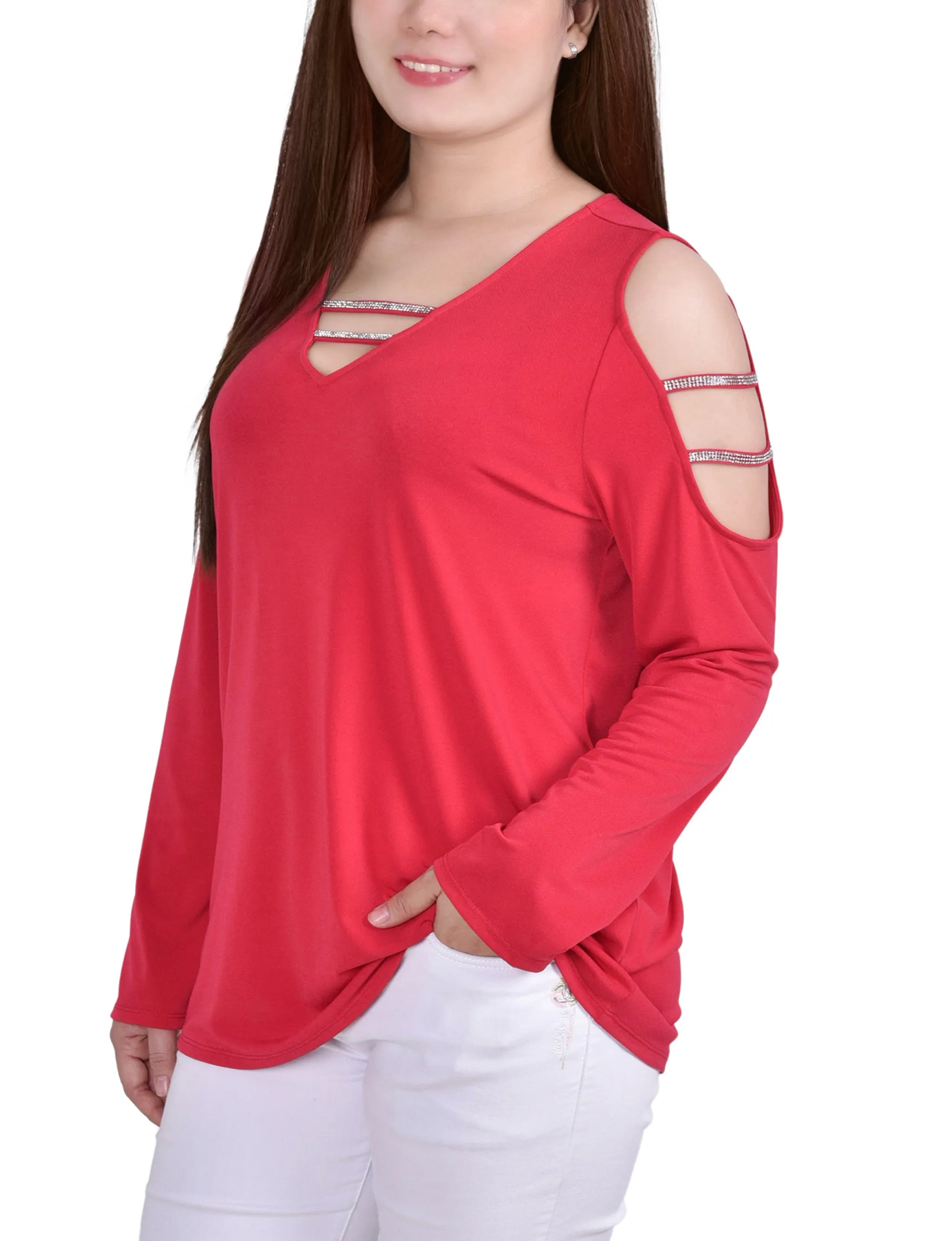 Petite Long Sleeve Knit Crepe Rhinestone Top