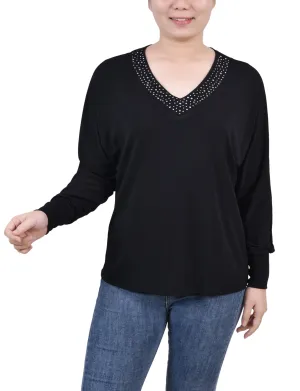 Petite Long Sleeve Studded Top